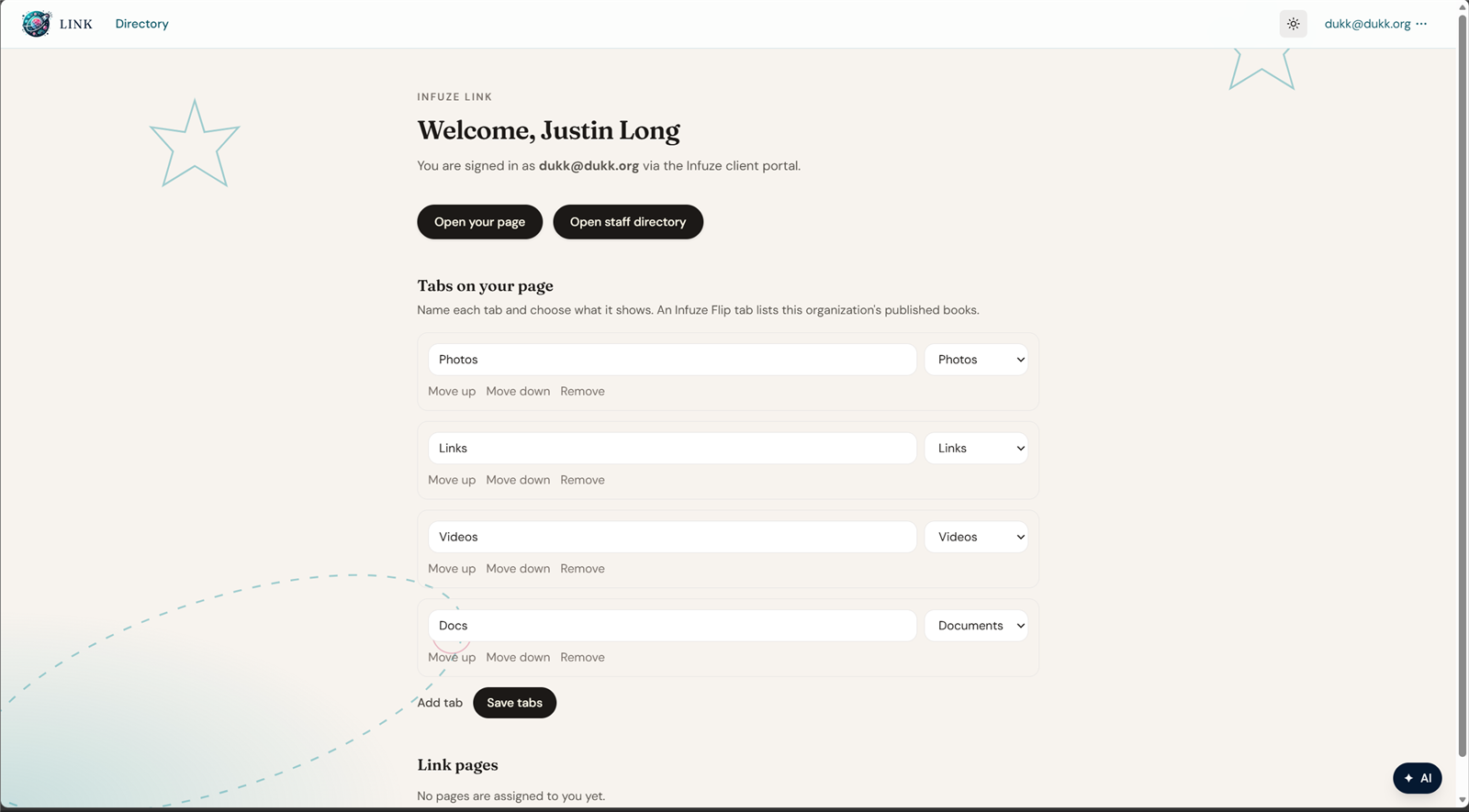 Link app, with page tabs for Photos, Links, Videos, and Docs