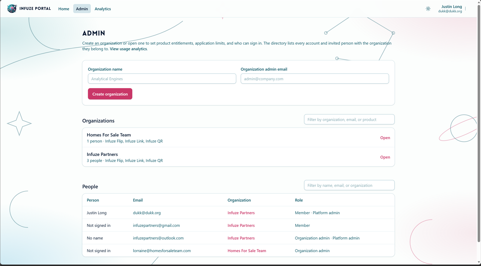 Admin page, with the create-organization form and the organization list