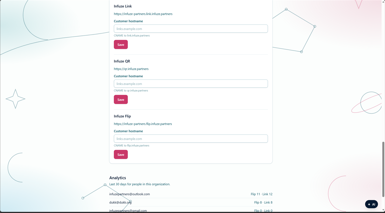 Customer hostname fields for Link, QR, and Flip