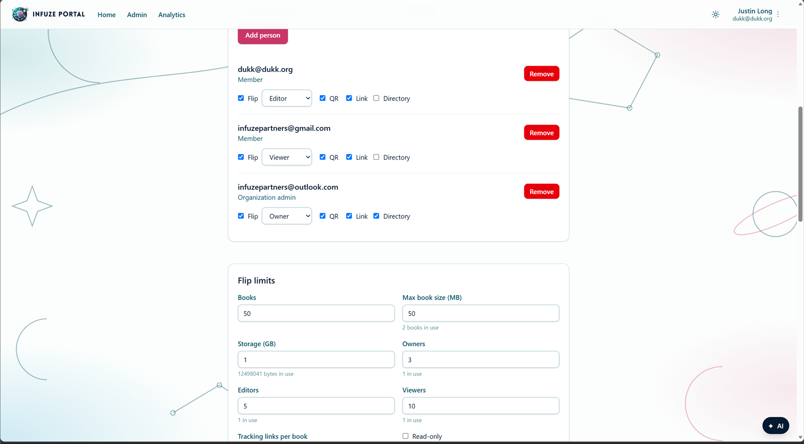 Organization people, Flip roles, and product checkboxes